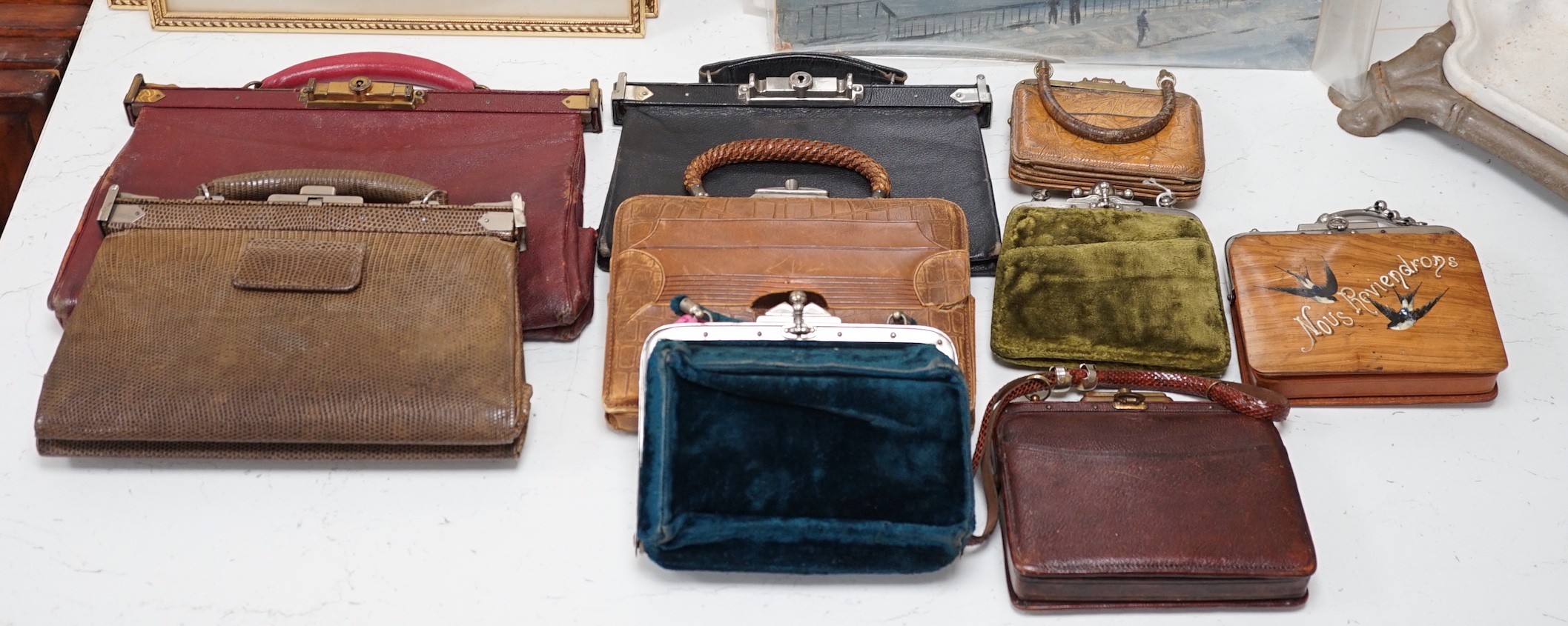 A collection of nine late 19th century to 1940’s mixed leather ladies handbags with ‘Doctors bag’ style metal clasps